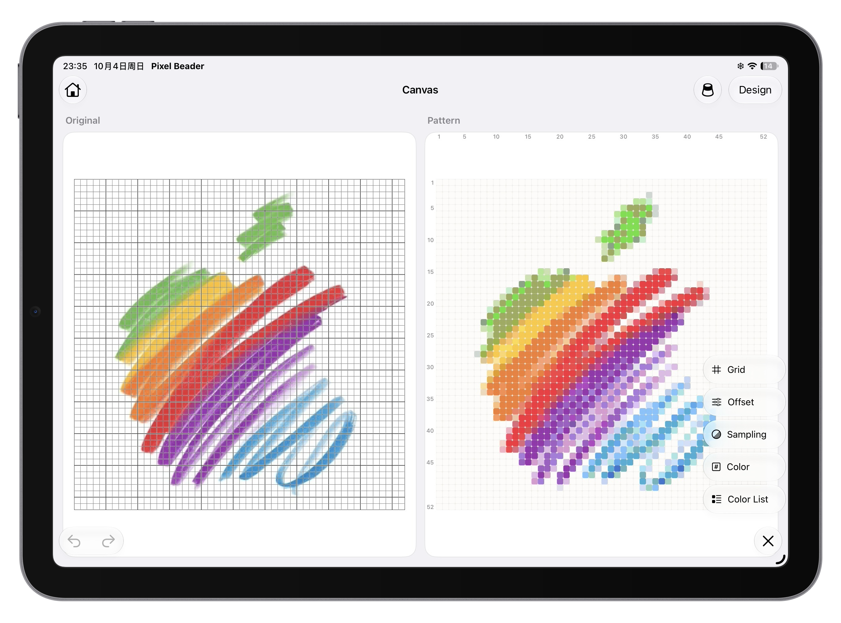 Pixel Beader Canvas on iPad, showing a colorful original image alongside its bead pattern and grid controls.