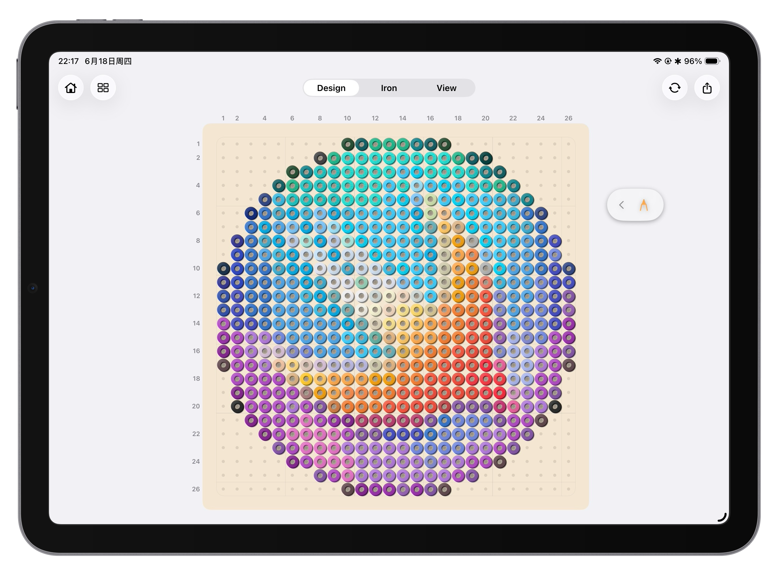 Pixel Beader iPad App screenshot showing the circular bead canvas.