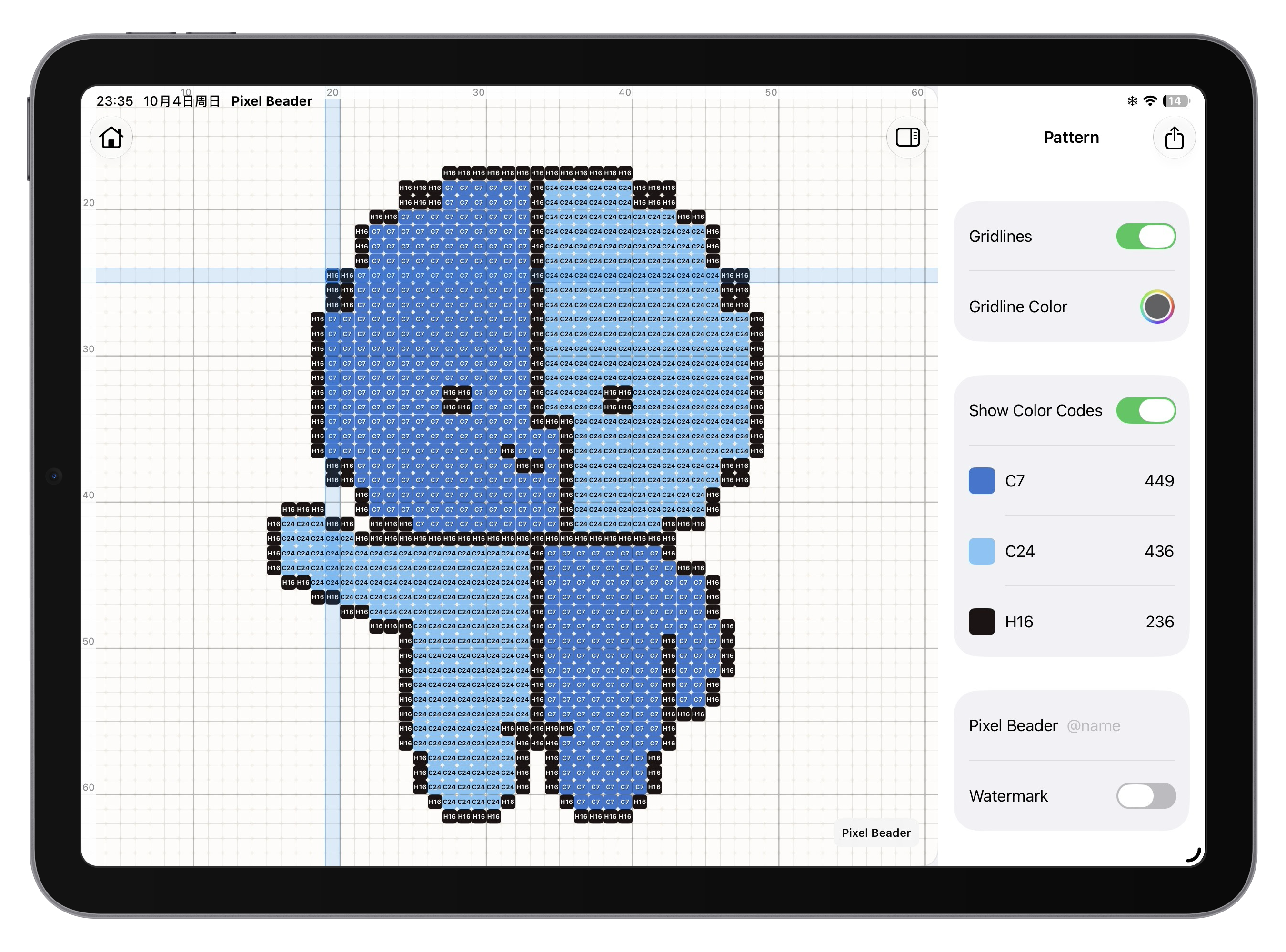 A blue bead pattern with color codes, highlighted row and column, and pattern settings on iPad.